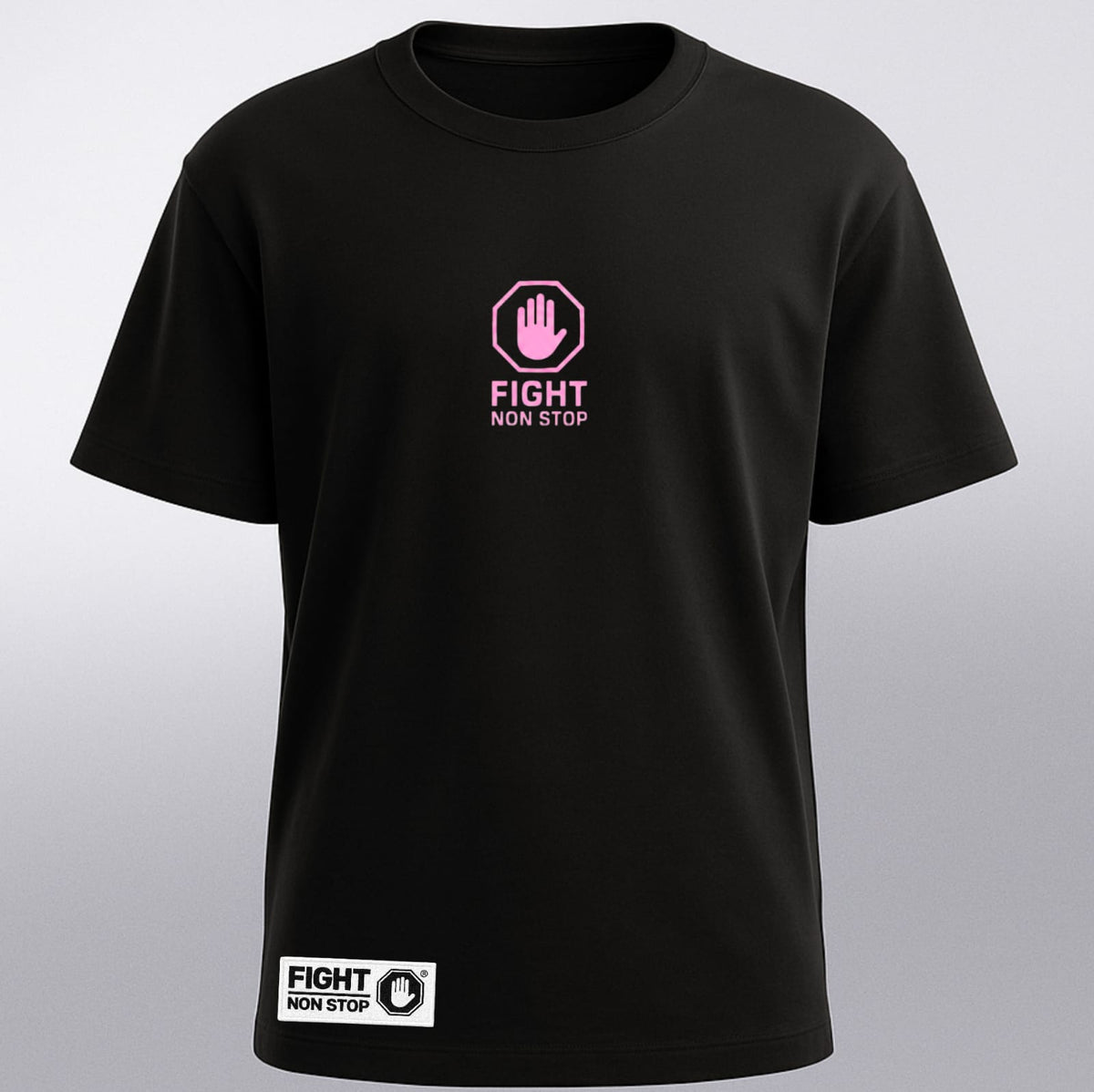 Camiseta "Fight Non Stop" Checker Illusion - Negra y Rosa
