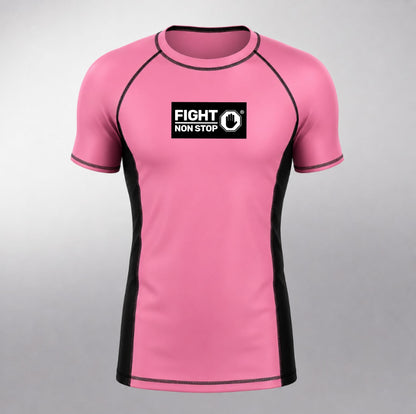 Camiseta de Compresión Rashguard "Fight Non Stop" - Rosa y Negra