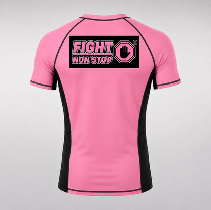 Camiseta de Compresión Rashguard "Fight Non Stop" - Rosa y Negra