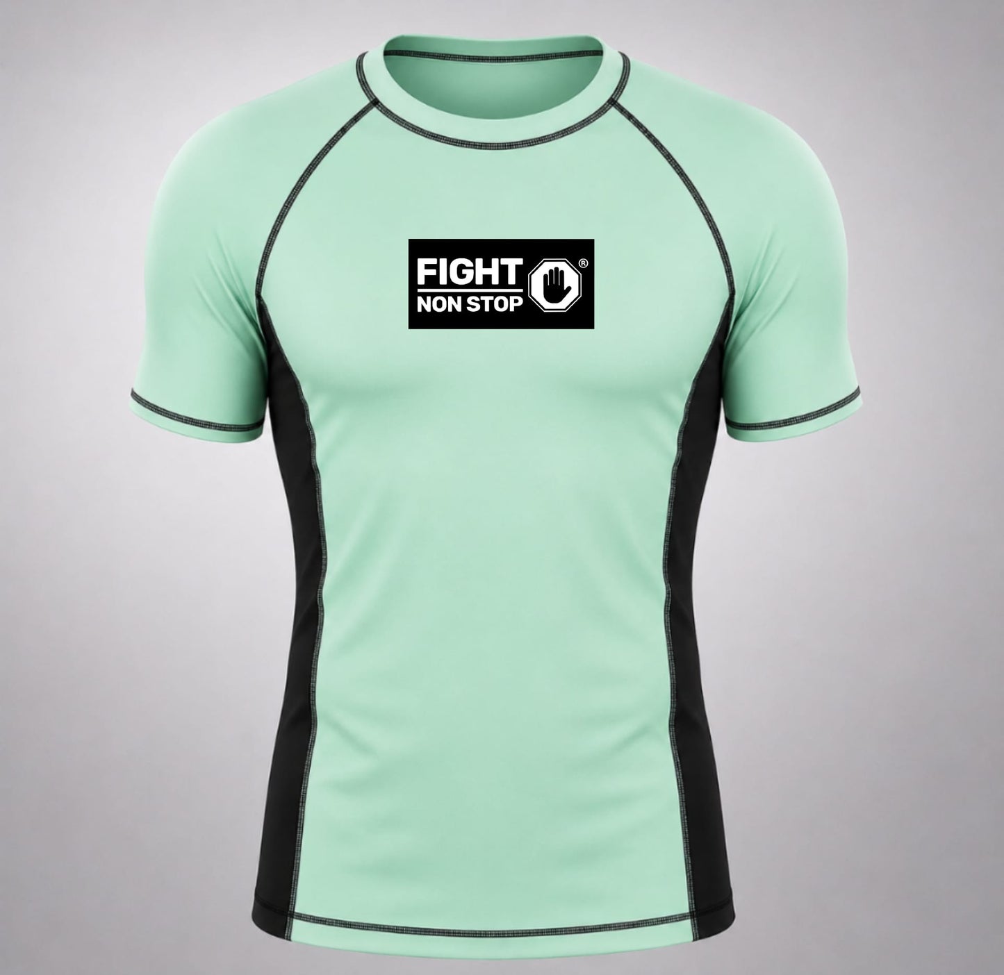 Camiseta de Compresión Rashguard "Fight Non Stop" - Verde Menta y Negra