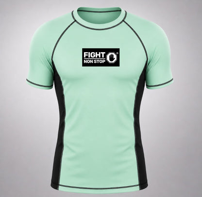 Camiseta de Compresión Rashguard "Fight Non Stop" - Verde Menta y Negra