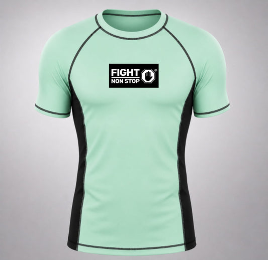 Camiseta de Compresión Rashguard "Fight Non Stop" - Verde Menta y Negra