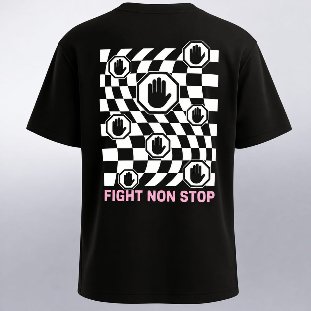 Camiseta "Fight Non Stop" Checker Illusion - Negra y Rosa