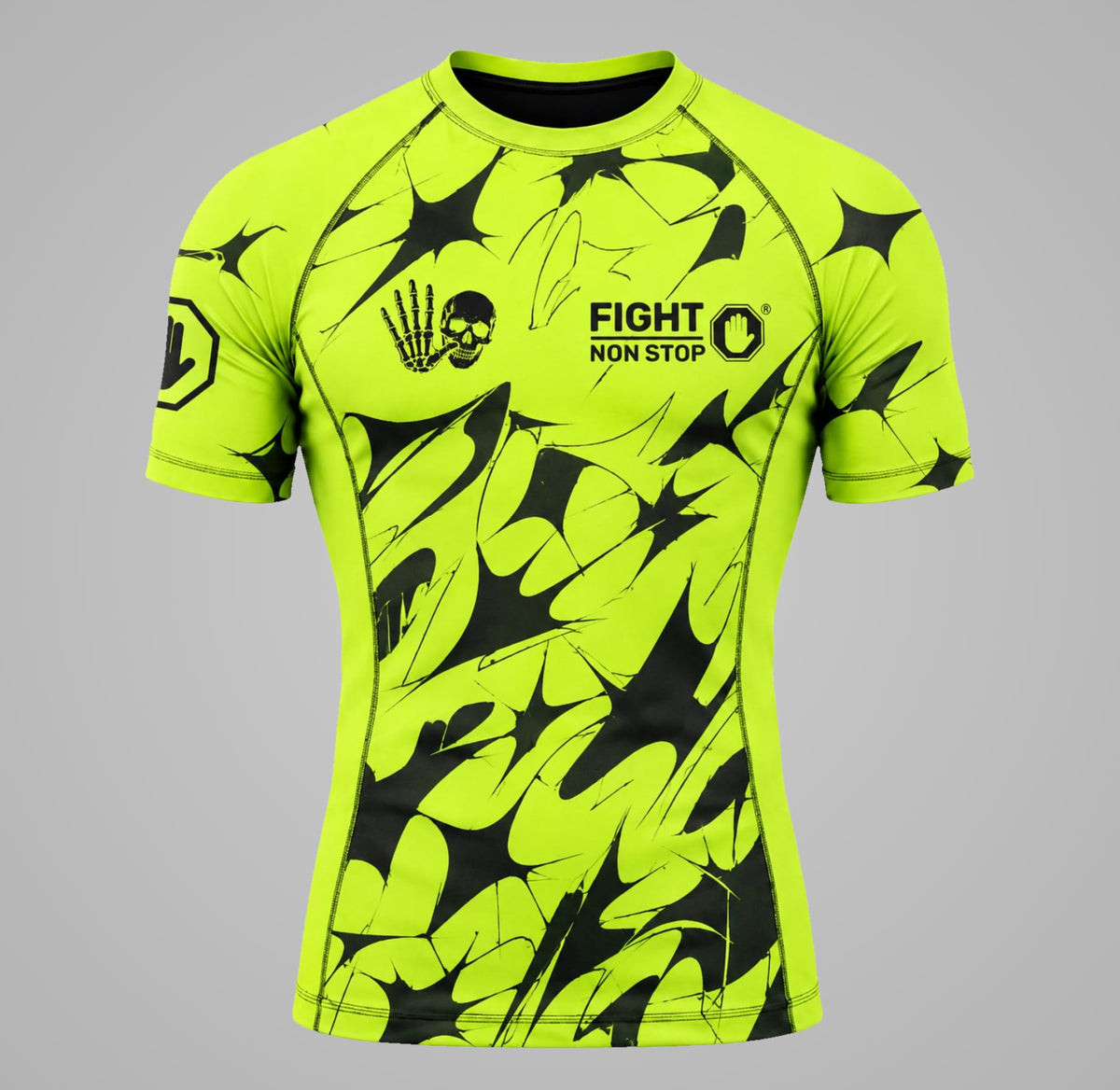 Camiseta de Compresión Rashguard "Fight Non Stop" Shattered Skull - Verde Neón