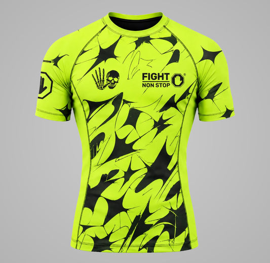 Camiseta de Compresión Rashguard "Fight Non Stop" Shattered Skull - Verde Neón