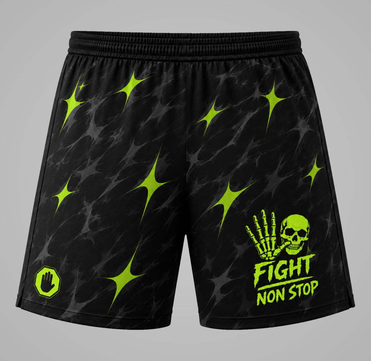 Shorts de Combate "Fight Non Stop" Shattered Skull - Negro y Neón